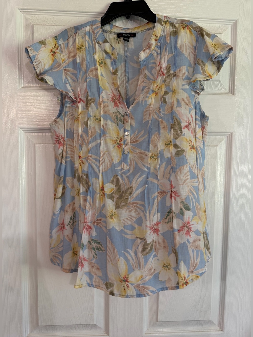 Cocomo Cap Sleeve Floral Print Pintuck LARGE Blue Top